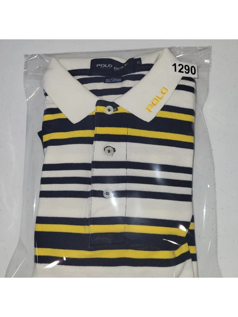 Polo Golf Ralph Lauren Men's M White Navy Blue Yellow Striped Short Sleeve Polo